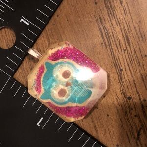Handmade blue owl on purple glitter resin charm